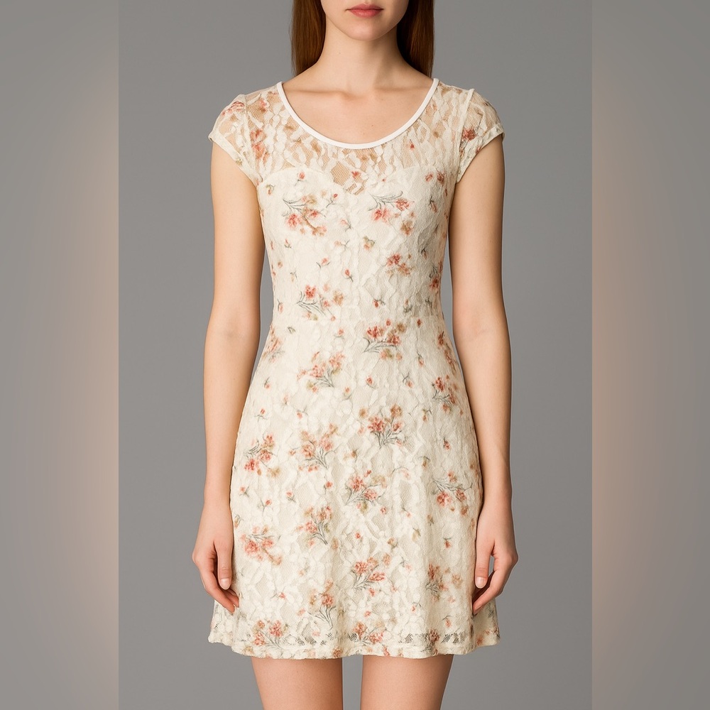 Kimchi Blue Floral Cream Lace Vintage Inspired Mini Dress with Sweetheart Neck